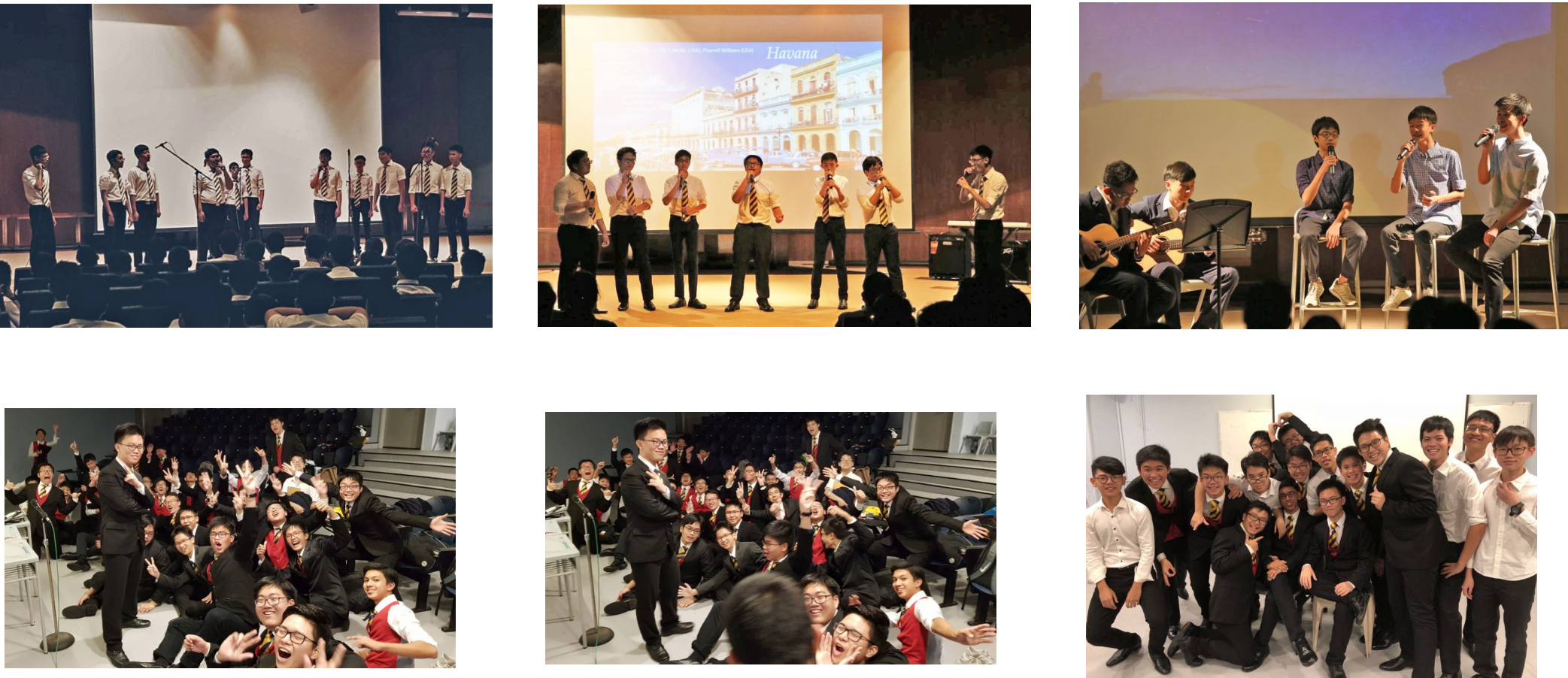 Six photos of uniformed students performing on stage with microphones and posing in large cheerful group shots.
